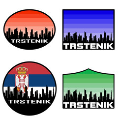 Trstenik Skyline Silhouette Serbia Flag Travel Souvenir Sticker Sunset Background Vector Illustration SVG EPS AI