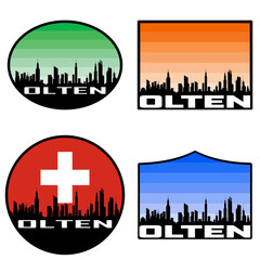 Olten Skyline Silhouette Switzerland Flag Travel Souvenir Sticker Sunset Background Vector Illustration SVG EPS AI