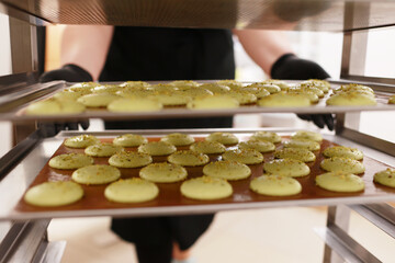 Chef placing a tray full of colorful macarons on a metal shelf with another macaroons, situated in a bakery. Process of making delicious french dessert. Confectionery in the pastry workshop.