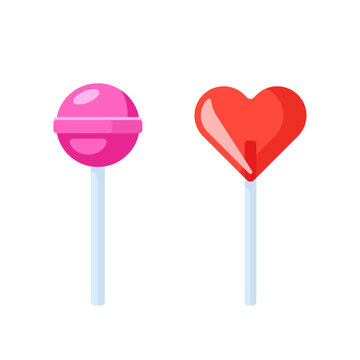 Purple ball and Red heart lollipop candy on a stick Isolated Sign Flat Style Vector Illustration Symbol on White Background
