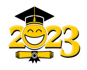 Class of 2023. Emoticon smile in graduation cap. Template for greeting, invitation card graduation party.  Vector on transparent  background