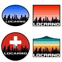 Locarno Skyline Silhouette Switzerland Flag Travel Souvenir Sticker Sunset Background Vector Illustration SVG EPS AI