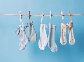 Blue baby socks on a textured rustic background with copy space. Newborn and pregnancy concept. Baby boy socks created with Generative AI technology