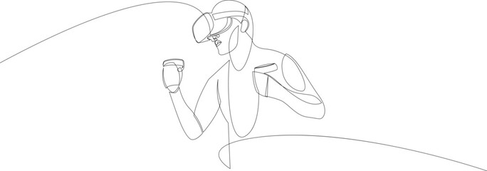 Man in virtual reality headset and motion controller one line art. Single continuous line drawing of VR gaming. Vector illustration.