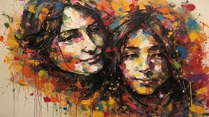 Fototapeta premium Vibrant and Modern Mother's Day Painting with Mom and Child