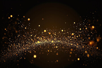 Golden sparkles or confetti twinkle on Christmas party festive. Gold glitter light on dark background with empty space for text. Generative AI