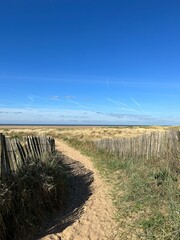 Obraz premium Pathway between the sand dunes leading onto the beach with a blue sky background. Taken in Lytham Lancashire England. 