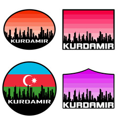 Kurdamir Skyline Silhouette Azerbaijan Flag Travel Souvenir Sticker Sunset Background Vector Illustration SVG EPS AI