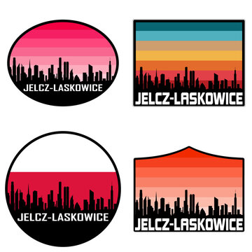 Jelcz Laskowice Skyline Silhouette Poland Flag Travel Souvenir Sticker Sunset Background Vector Illustration SVG EPS AI