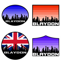 Blaydon Skyline Silhouette Uk Flag Travel Souvenir Sticker Sunset Background Vector Illustration SVG EPS AI