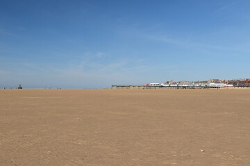 Seaside view with golden sand beaches and landmarks. Taken in Lytham Lancashire England. 