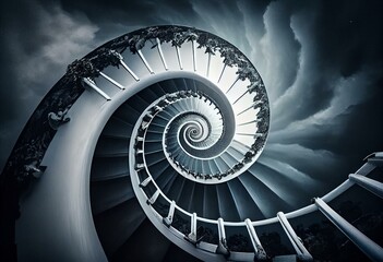 White spiral stairs goes in the cloudy sky. Generative AI