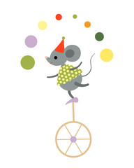 A gray circus mouse on a unicycle with a polka dot hat with balls - obrazy, fototapety, plakaty