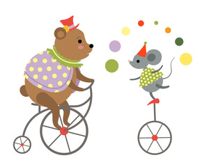 A cartoon of a circus bear and a mouse on a bicycle and monowheel © dinasimba2009