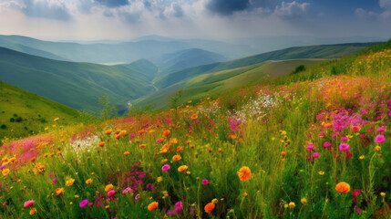 Plakat Stunning landscape of the flower-filled valley, Generative AI