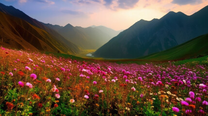 Stunning landscape of the flower-filled valley, Generative AI