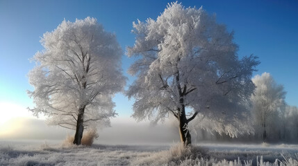 Stunning landscape of the frost-covered trees, Generative AI