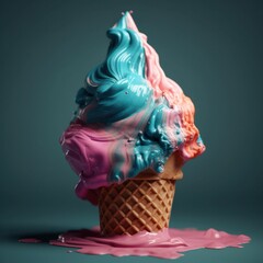 A close-up of a creamy scoop of pastel-colored ice cream in a waffle cone with a single piece of fresh fruit as a garnish.