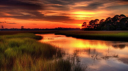 Stunning landscape of the marsh at sunset, Generative AI