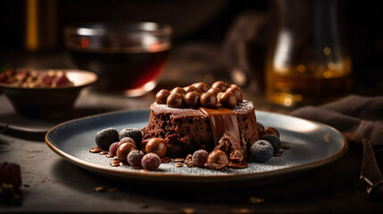 A photograph of a rich and decadent chocolate dessert, shot at eye-level with a blurred-out background to keep the focus on the dessert, with a luxurious and indulgent atmosphere