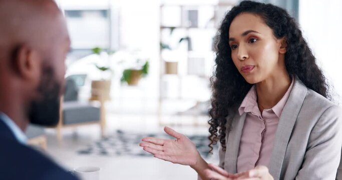 Business people, interview and meeting for corporate hiring, collaboration or partnership at the office. Businessman and woman talking in hire or recruiting process for company growth at workplace