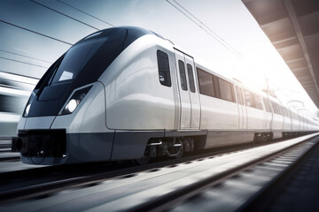 Naklejka premium High speed modern commuter train with motion blur effect. Generative AI