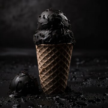 Close Up Details Of Black Ice Cream With Chocolate And Vanilla