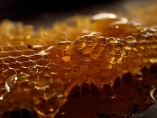 Sweet gold honeycomb and honey macro closeup. Healthy organic dessert for World Bee Day, Honey Bee Day. Generative AI - 592664573