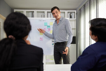 businesspeople team meeting or seminar. and presentation about work project on whiteboard