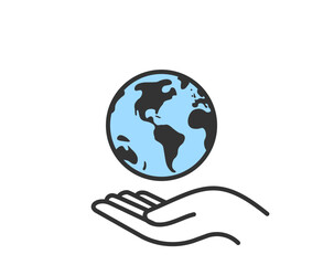 Hand holding planet earth. World environment conservation linear icon. Human protect nature. Save the planet.