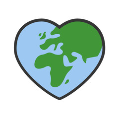 Heart shaped planet earth icon. Save the world. Eco friendly environmental message. Love. Map centered in Africa and Europe.