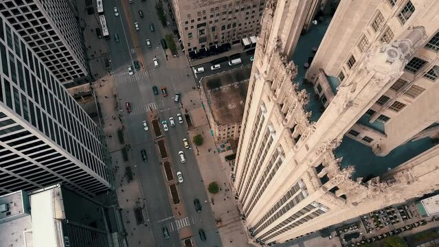 CHICAGO, USA - APRIL, 2023: Aerial drone footage of Chicago Downtown with skyscraper on cinematic background. Financial and residential buildings on Michigan avenue on sunny day.