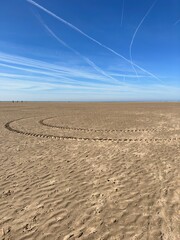 Naklejka premium Vehicle tracks on the beach with a blue sky background. Low angle view. 