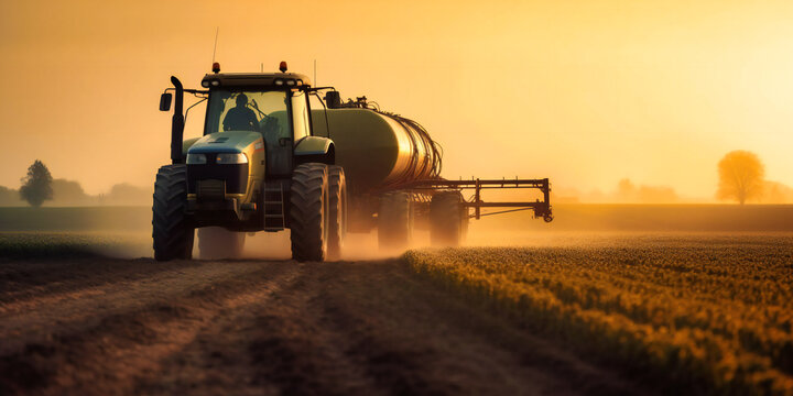 a tractor spraying pesticide on a farm field at sunrise