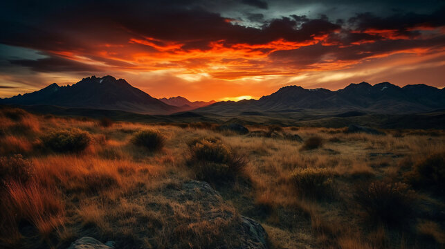 A stunning landscape photo of a mountain range at sunset, with vibrant colors and a dramatic sky