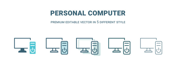 personal computer icon in 5 different style. Outline, filled, two color, thin personal computer icon isolated on white background. Editable vector can be used web and mobile