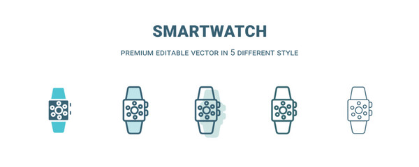 smartwatch icon in 5 different style. Outline, filled, two color, thin smartwatch icon isolated on white background. Editable vector can be used web and mobile