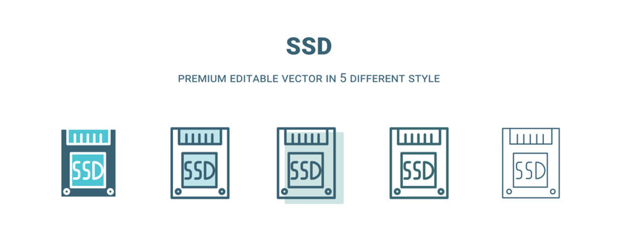 ssd icon in 5 different style. Outline, filled, two color, thin ssd icon isolated on white background. Editable vector can be used web and mobile