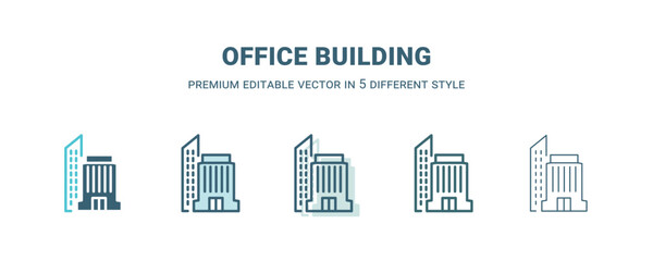office building icon in 5 different style. Outline, filled, two color, thin office building icon isolated on white background. Editable vector can be used web and mobile