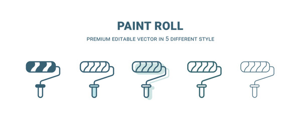 paint roll icon in 5 different style. Outline, filled, two color, thin paint roll icon isolated on white background. Editable vector can be used web and mobile