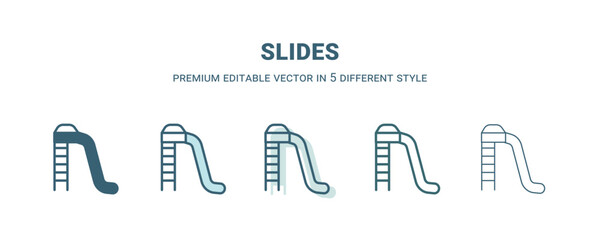 slides icon in 5 different style. Outline, filled, two color, thin slides icon isolated on white background. Editable vector can be used web and mobile