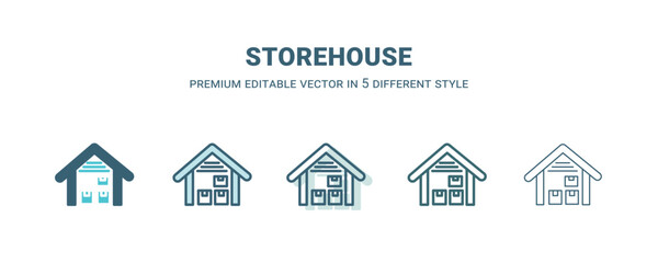 storehouse icon in 5 different style. Outline, filled, two color, thin storehouse icon isolated on white background. Editable vector can be used web and mobile