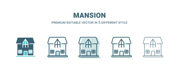 mansion icon in 5 different style. Outline, filled, two color, thin mansion icon isolated on white background. Editable vector can be used web and mobile