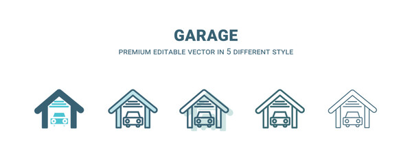 garage icon in 5 different style. Outline, filled, two color, thin garage icon isolated on white background. Editable vector can be used web and mobile