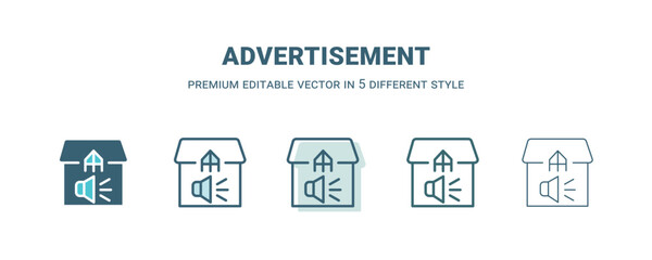 advertisement icon in 5 different style. Outline, filled, two color, thin advertisement icon isolated on white background. Editable vector can be used web and mobile