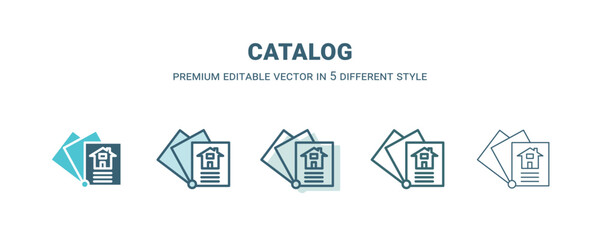 catalog icon in 5 different style. Outline, filled, two color, thin catalog icon isolated on white background. Editable vector can be used web and mobile