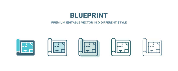 blueprint icon in 5 different style. Outline, filled, two color, thin blueprint icon isolated on white background. Editable vector can be used web and mobile