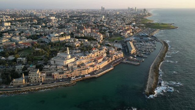 Aerial video over the old city of Jaffa during sunset