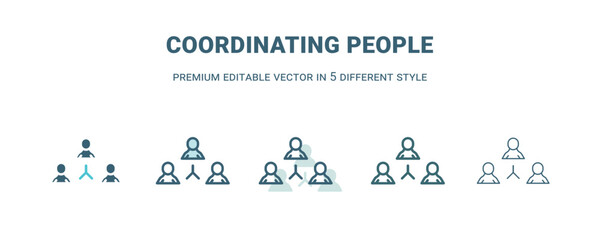 coordinating people icon in 5 different style. Outline, filled, two color, thin coordinating people icon isolated on white background. Editable vector can be used web and mobile