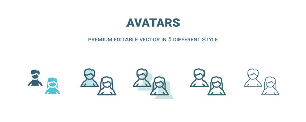 avatars icon in 5 different style. Outline, filled, two color, thin avatars icon isolated on white background. Editable vector can be used web and mobile
